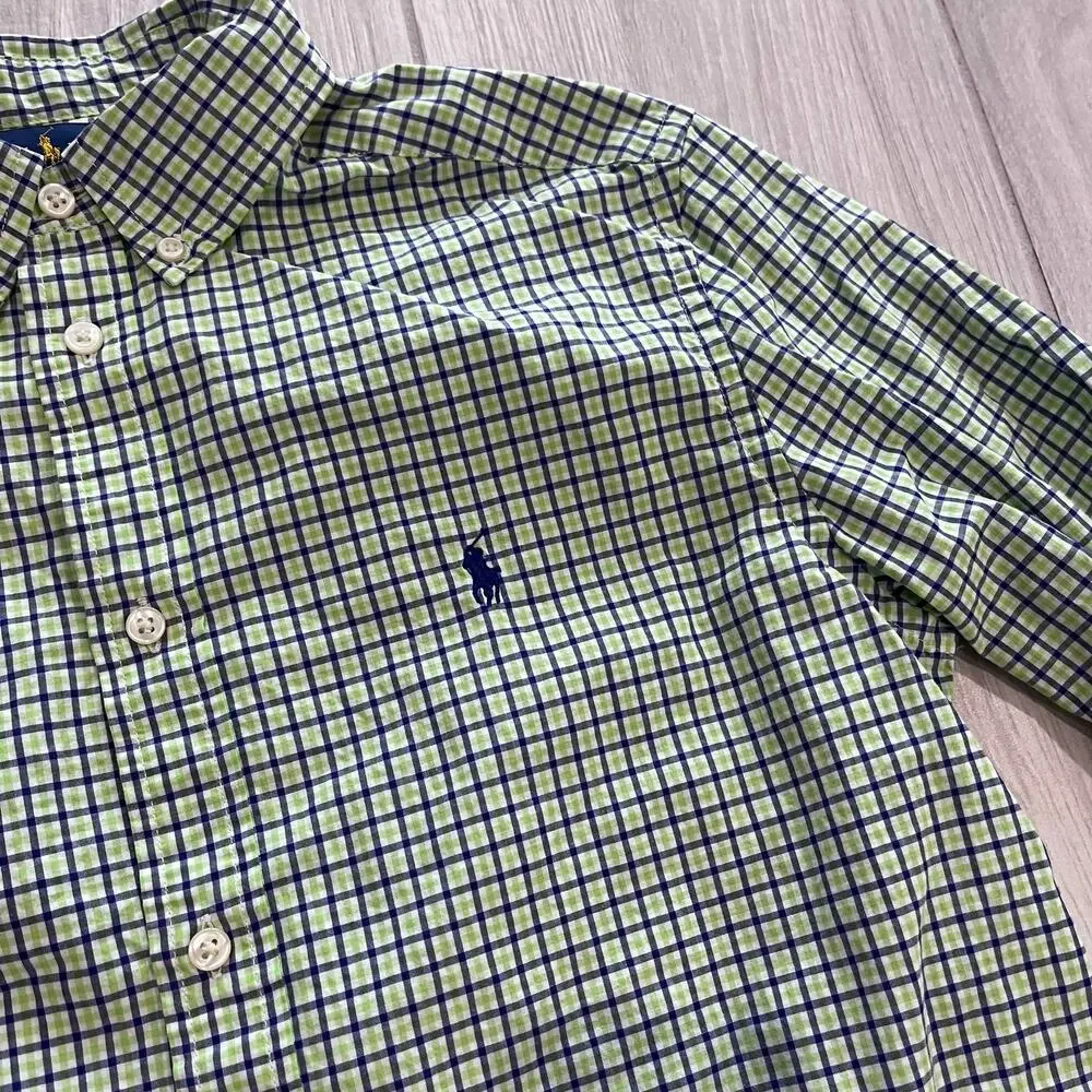 Ralph Lauren Boy's XL Green Blue White Plaid Long Sleeve Button Down Dress Shirt